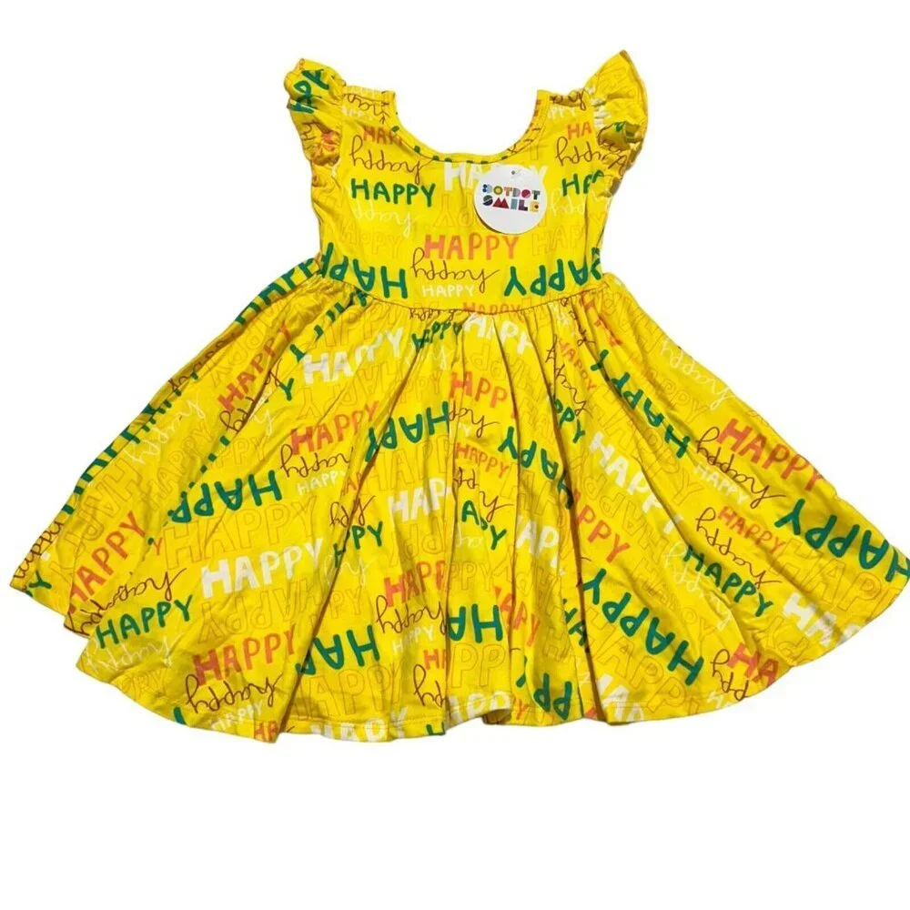 Dot Dot Smile Girls Size 2T Yellow HAPPY‎ Empire Flutter Sleeve Twirl Dress NWT